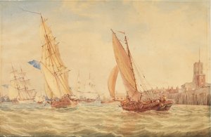 Tre krigsskibe og en fiskesjak på vej ind i havn, Portsmouth, ca. 1800-30